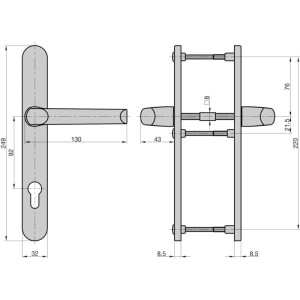 Maßzeichnung Basi Schmalrahmen-Drücker-Garnitur SR 4100 PZ Alu silber, rund, für Profilzylinder, 92 mm Abstand.