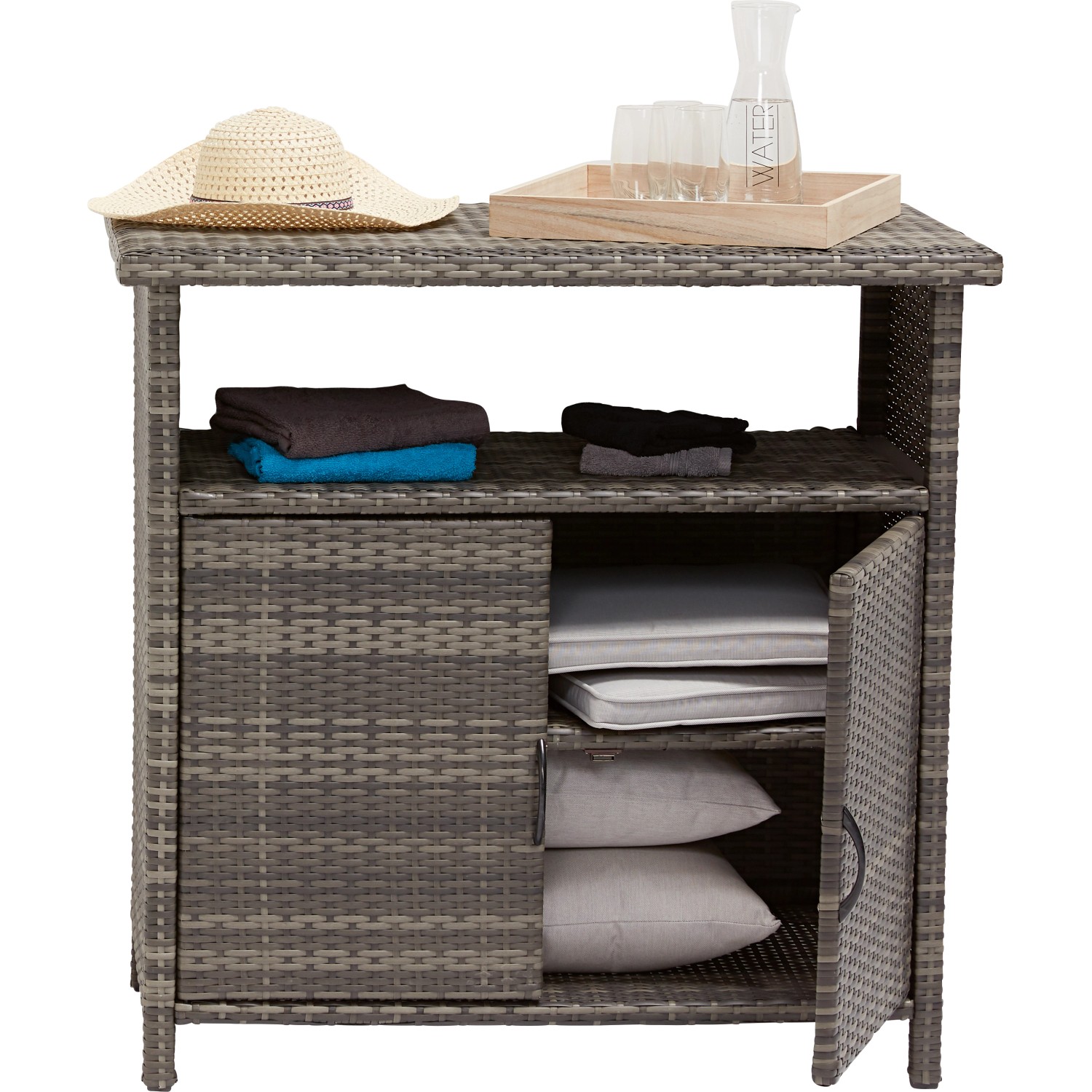 Grauer Outdoor-Schrank Vermont aus Polyrattan mit Regalen und Stauraum für Gartenutensilien.