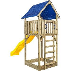 SwingKing Spielturm Lisa mit gelber Rutsche und blauem Dach, Leiter und Sandkasten aus Holz.