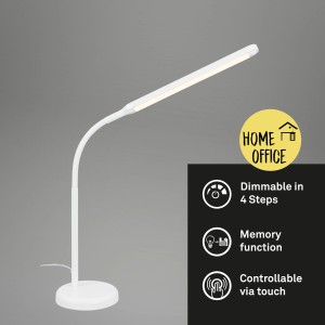 Weiße, dimmbare Brilo LED Schreibtischleuchte Pivaz mit Touchfunktion und warmweißem Licht.