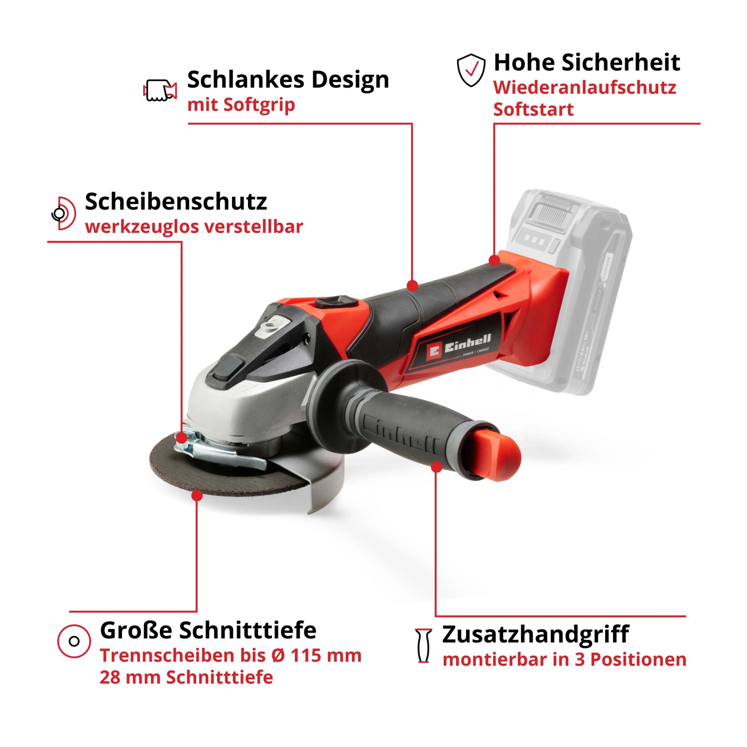 Einhell Akku-Winkelschleifer TE-AG 18/115 Li Solo, rot/schwarz, mit Zusatzhandgriff. Mitglied der Power X-Change Familie.