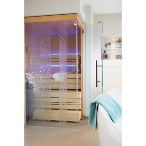 d-c-fix Static Windows Stripes Hope als Sichtschutzfolie auf einer Glastür zur Sauna.