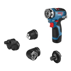 Bosch Professional Akku Bohrschrauber GSR 12V-35 FC mit FlexiClick System und 4 Aufsätzen in Blau-Schwarz.