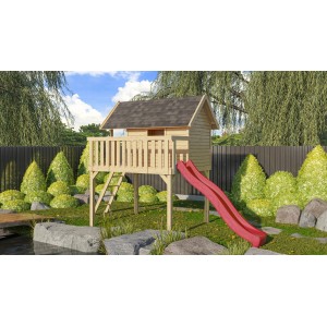 Karibu Stelzenhaus Fidel Set mit roter Wellenrutsche und Leiter im Garten.