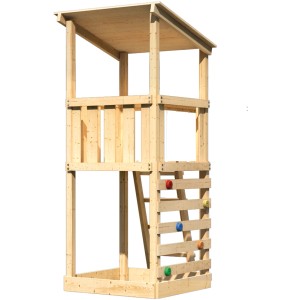 Karibu Spielturm Anna mit Kletterwand ECO aus Holz, mit Leiter und Sandkasten.