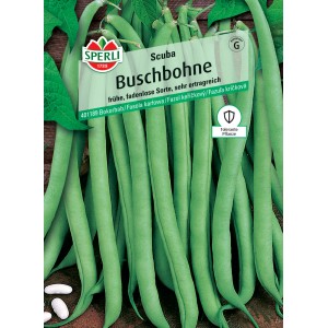 Samenpackung Sperli Buschbohne Scuba, ertragreiche, fadenlose Sorte für Gemüsebeete.