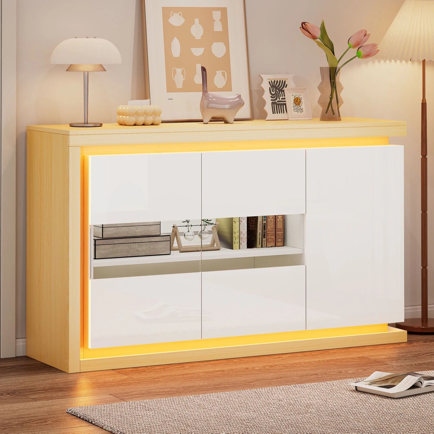 okwish Sideboard mit LED Türen Fächern Wohnzimmer Büro 140x40x84 cm Weiß_4