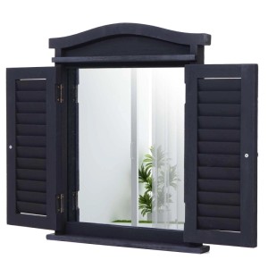 Dunkelgrauer Wandspiegel mit Fensterläden im geöffneten Zustand.