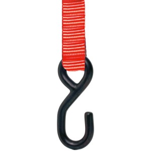 Detailaufnahme: Roter Zurrgurt mit schwarzem Haken aus dem 4-tlg. Set.