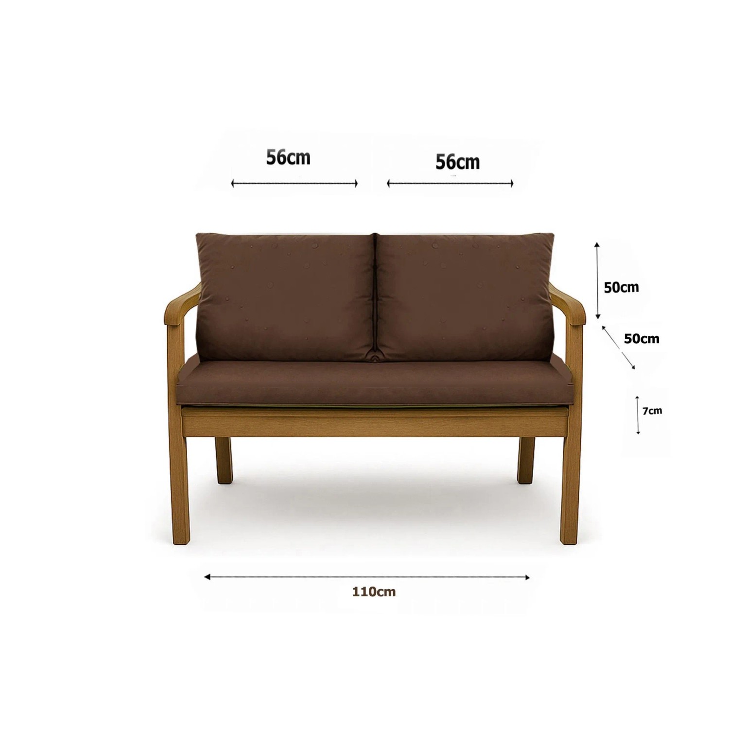 Braunes Gartenbank Kissen Set: Sitzkissen (110x50cm) & 2 Rückenkissen (50x56cm) für 2-Sitzer Bänke.