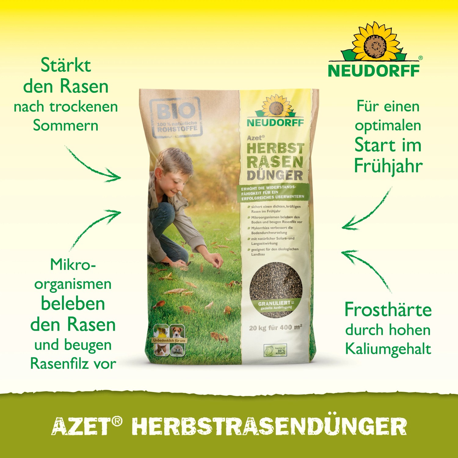 Neudorff Azet Herbst Rasendünger, 20 kg Sack für einen winterfesten Rasen.