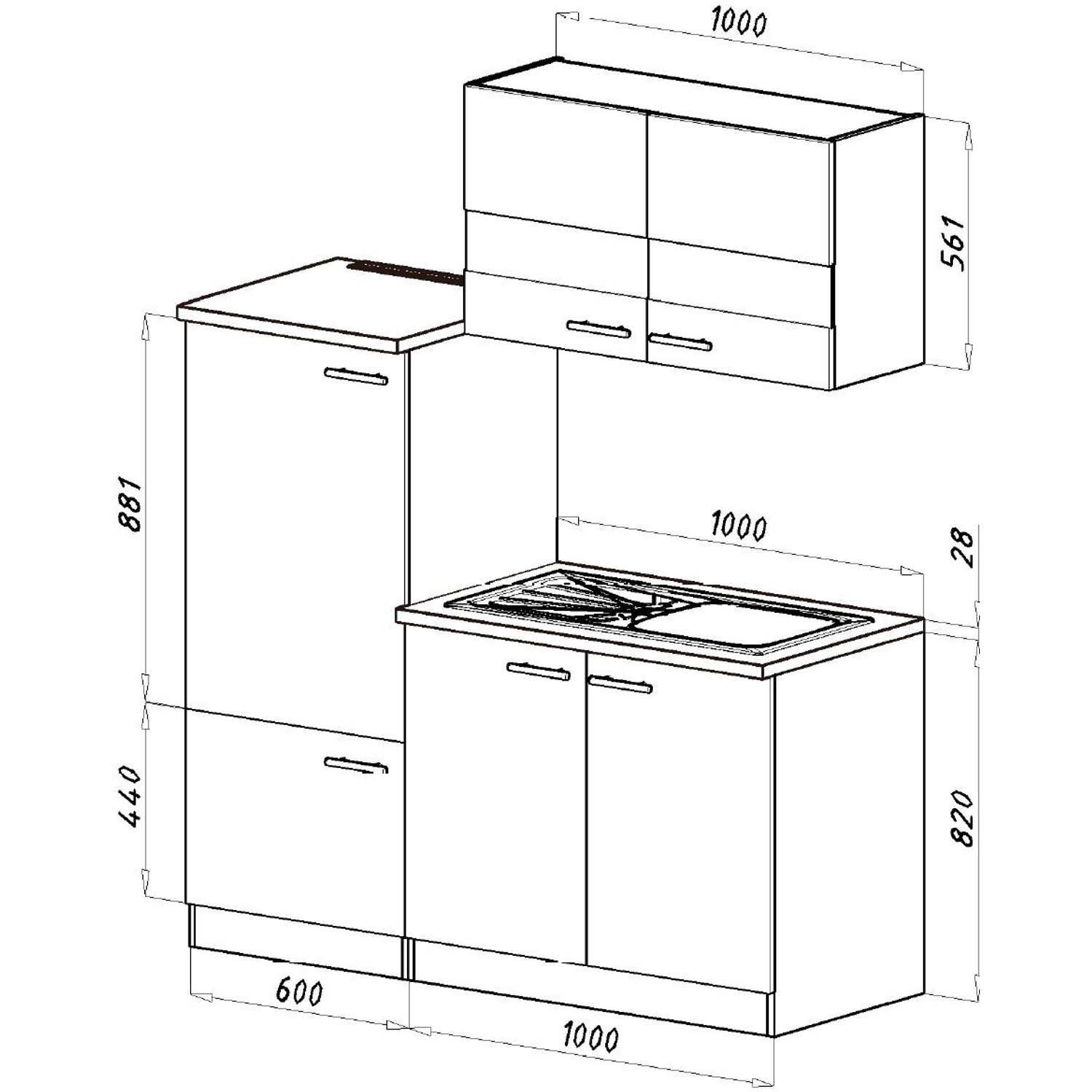 Skizze der Respekta Miniküche KB160ESS in Schwarz-Eiche Sonoma Sägerau Nachbildung mit Maßangaben.