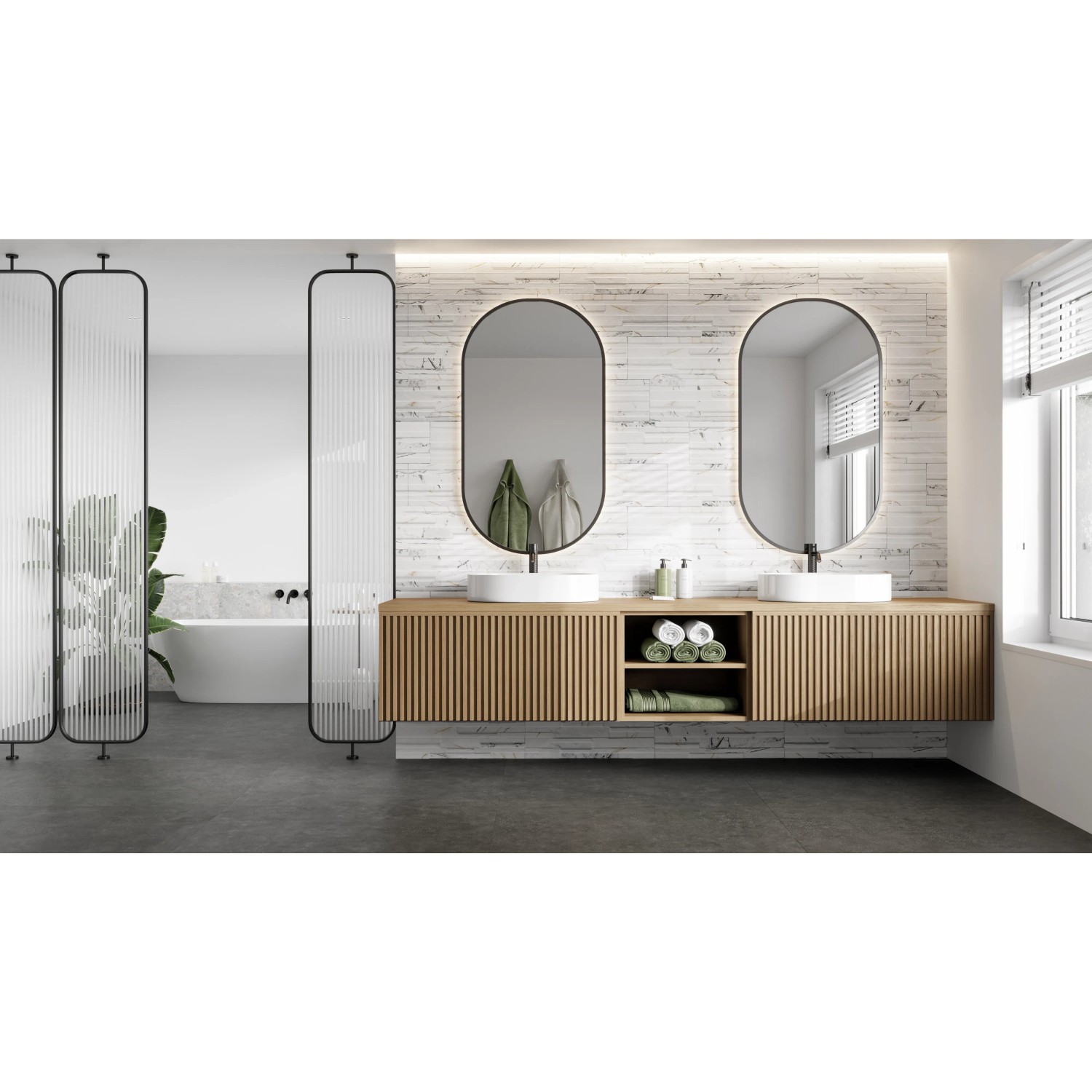 Badezimmer mit Klimex Verblender Feinsteinzeug UltraStrong Marble White als Wandverkleidung.