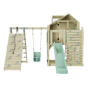 Mintgrüne PolarPlay Babyschaukel Anika mit Rutsche, Kletterwand und Spielhaus aus Holz für den Garten.