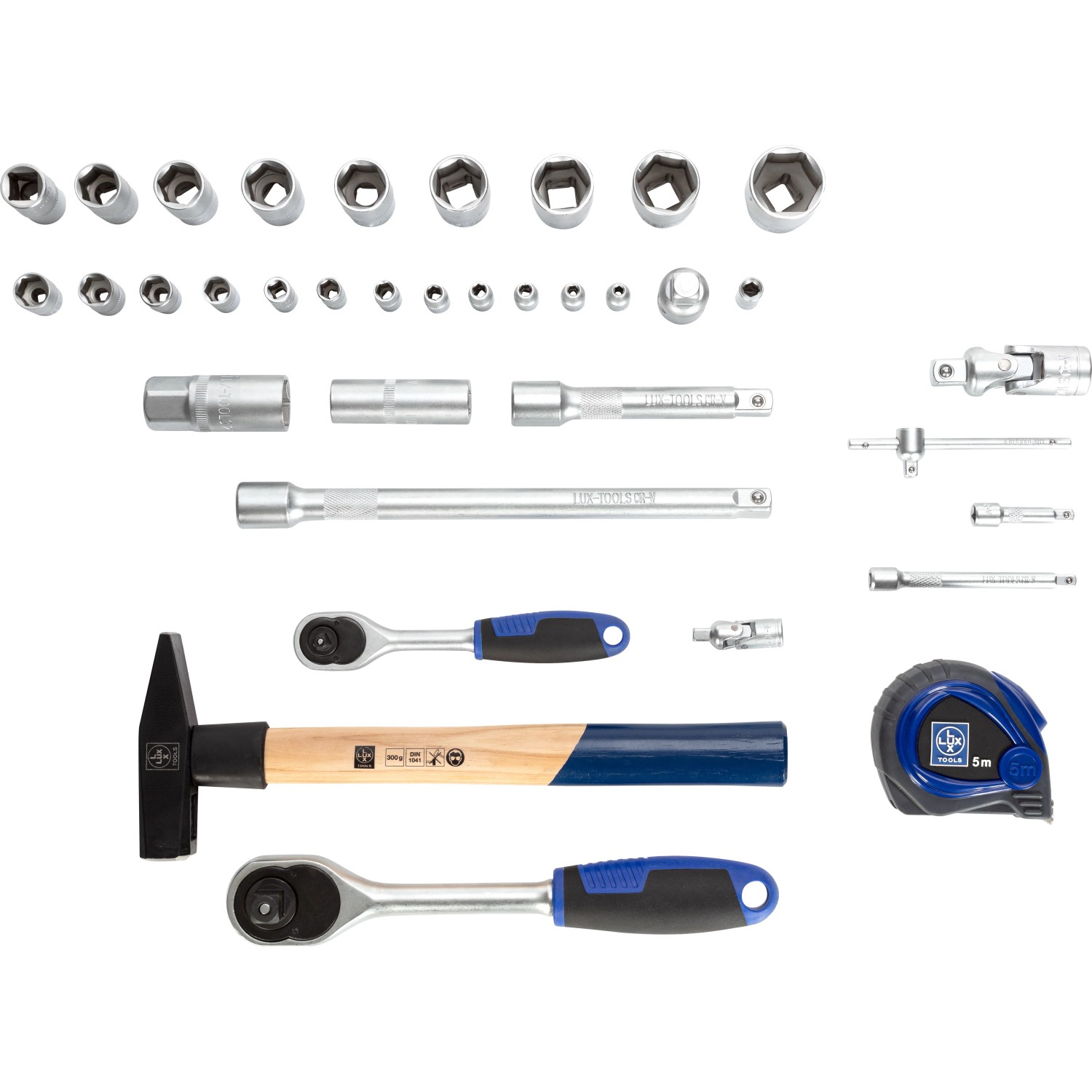 LUX Werkzeugkoffer, 151-teilig, mit Hammer, Maßband, Ratschen, Stecknüssen und Schraubendrehern.