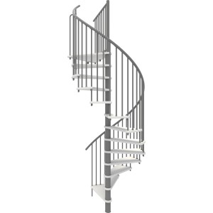 Minka Spindeltreppe Spiral Smart, Ø120cm, weiß/grau. Innentreppe mit Holzstufen und Metallgeländer.