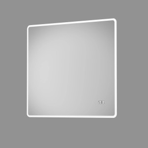 DSK Design LED-Lichtspiegel Silver Porto, 80x70 cm, mit Digitaluhr und umlaufender LED-Beleuchtung.