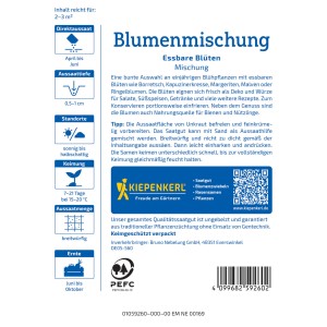 Kiepenkerl Essbare Blütenmischung: Saatgutpackung mit mehrfarbigen, essbaren Blüten für Beet und Balkon.