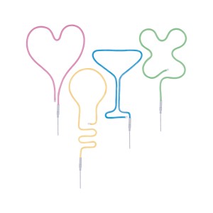 Paulmann Neon Colorflex USB Strip Set mit Herz, Glühbirne, Cocktailglas und Kleeblatt in Pink, Orange, Blau und Grün.