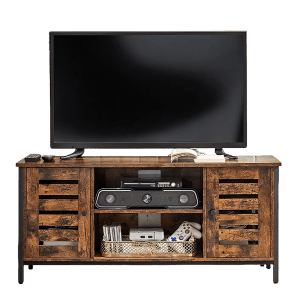 Songmics TV-Schrank Hanis, braun-schwarz, mit Lamellentüren und Stauraum für Wohnzimmer.