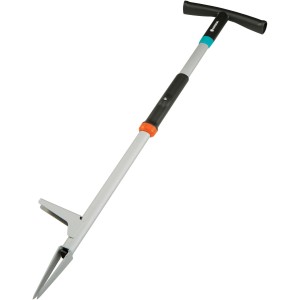 Gardena Unkrautstecher zum Entfernen von Unkraut im Garten, mit Fußtritt und Auswurfmechanismus.