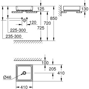 Technische Zeichnung: Grohe Cube Aufsatzwaschbecken, 40 cm, alpinweiß, Maße und Details für Installation.