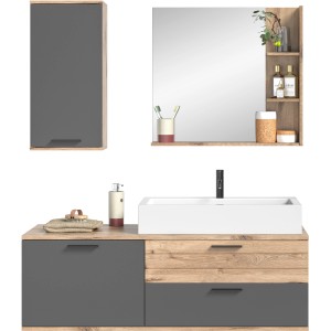 Modernes 4-teiliges Badmöbel-Set Mason in Grau und Holzoptik mit Waschbecken, Spiegel und Hängeschrank.