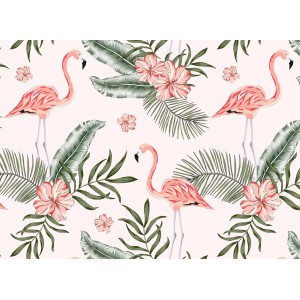 Fototapete mit Palmen, Flamingos, Blüten in Weiß, Rosa und Grün.