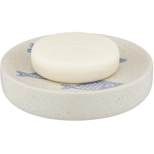 Handbemalte Wenko Seifenablage Aquamarin aus Keramik mit Fischmotiven und Seife.