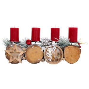 Adventsgesteck mit vier roten Kerzen, Holzscheiben, Stern und Weihnachtskugel