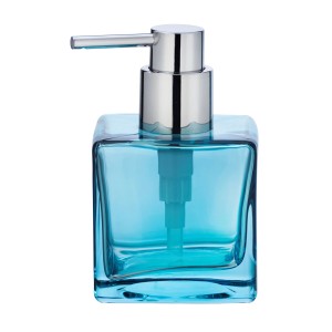 Blauer Wenko Seifenspender Lavit aus Echtglas, eckiges Design, Füllmenge 0,28 l.