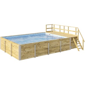 Rechteckiger Weka Holzpool mit Sonnendeck, Leiter und blauem Mosaikmuster.
