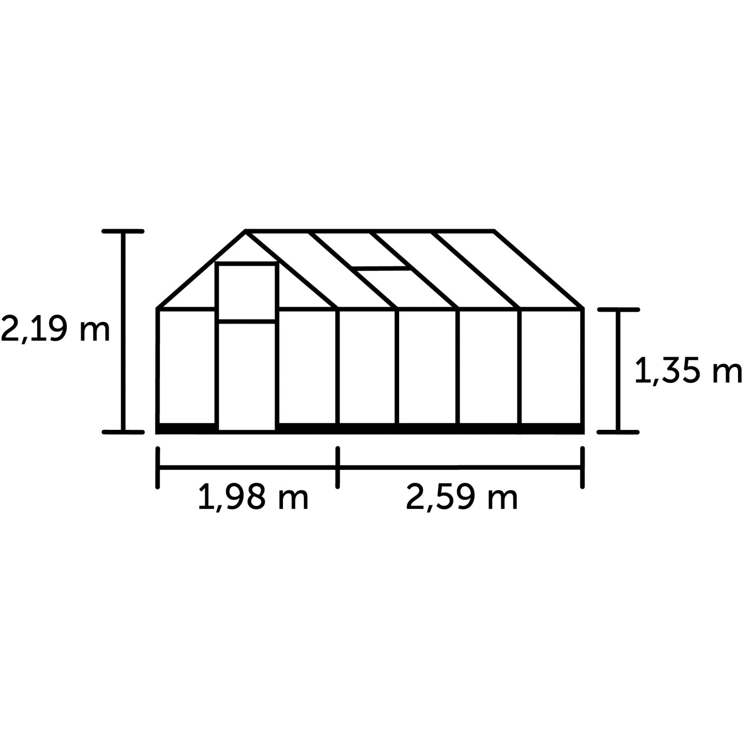Skizze des schwarzen Halls Gewächshauses Qube 68 mit Maßangaben (Höhe, Breite, Tiefe).