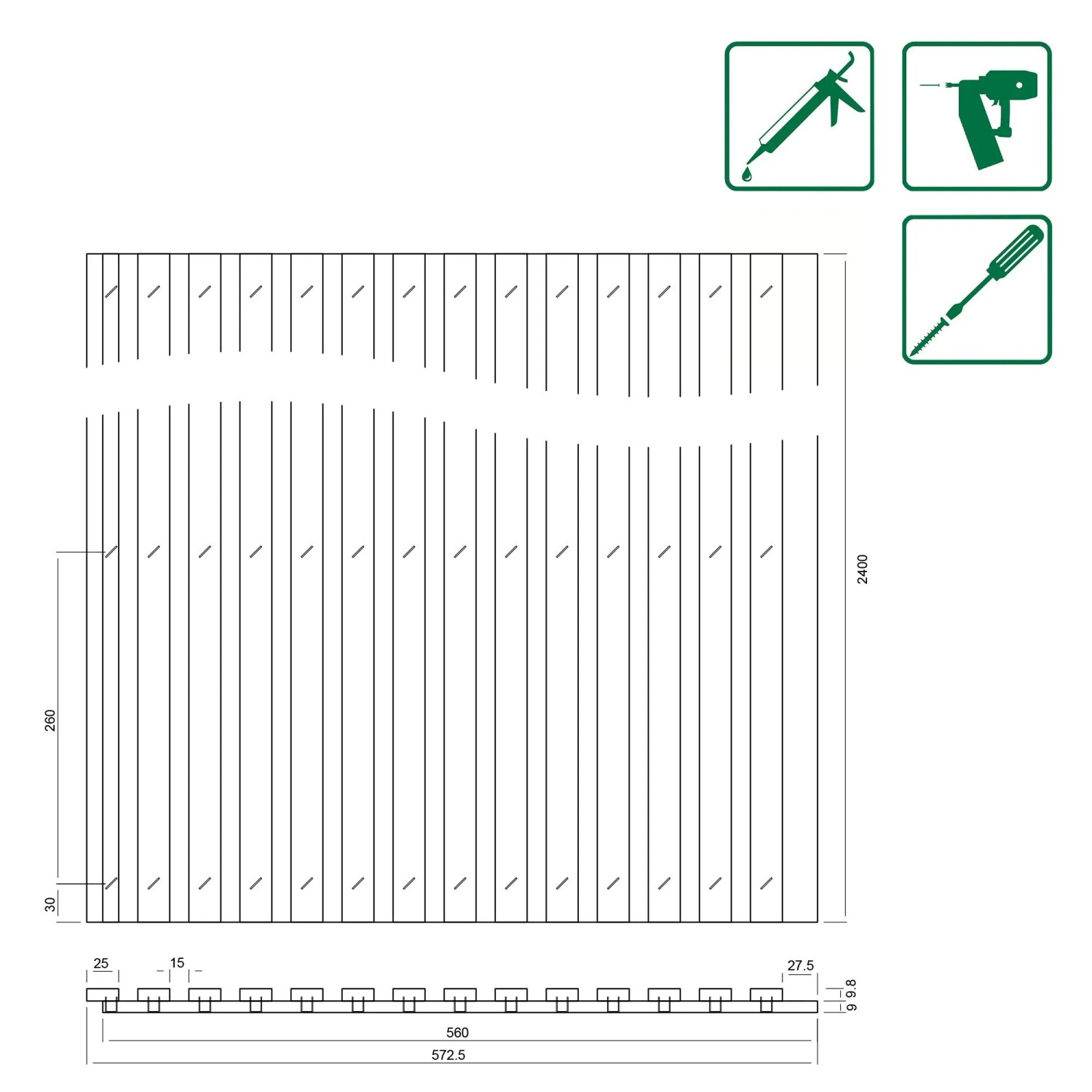 Technische Zeichnung einer FN Acustico Akustikplatte Risseiche, Maße 572,5 x 19 x 2400 mm.