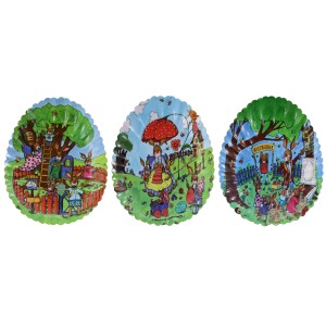 Bunte Pappteller in Eiform mit Ostermotiven, 3-fach sortiert, 17x23cm.