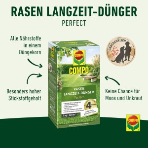 Packung Compo Rasen-Langzeitdünger 3 kg für einen dichten, grünen Rasen ohne Moos und Unkraut.