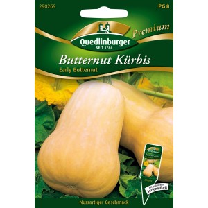 Samenpackung Quedlinburger Butternut Kürbis 'Early Butternut' mit beigen Kürbissen.