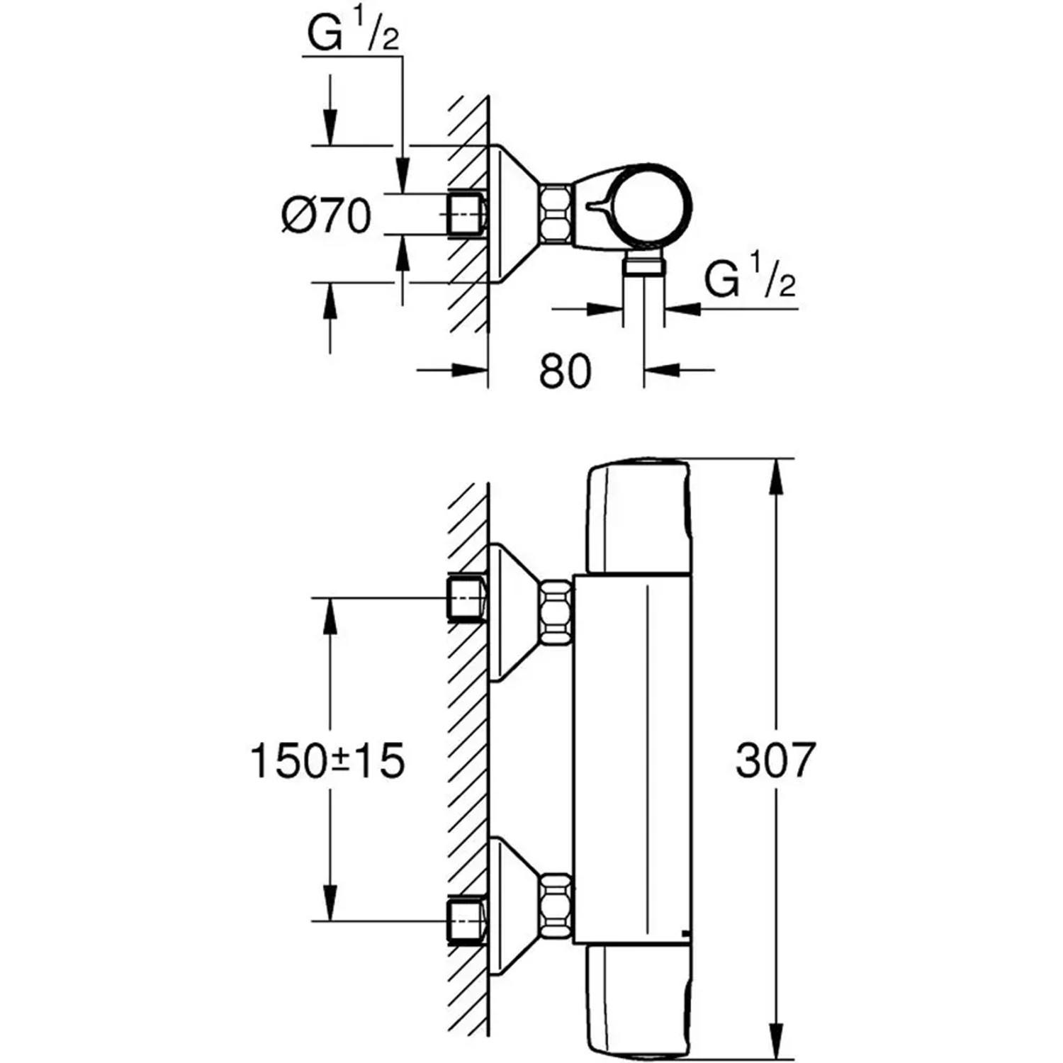 Technische Zeichnung der Grohe QuickFix Precision Trend Thermostat-Duschbatterie in Chrom mit Maßangaben.