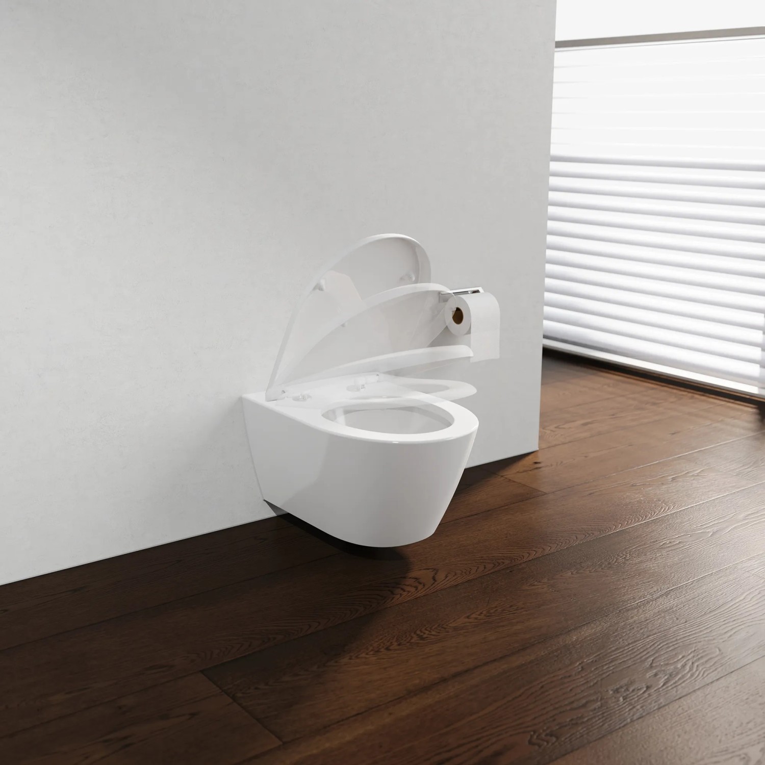 Weißer Schütte WC-Sitz D-Form Pro 3 Duroplast mit Absenkautomatik in modernem Bad.