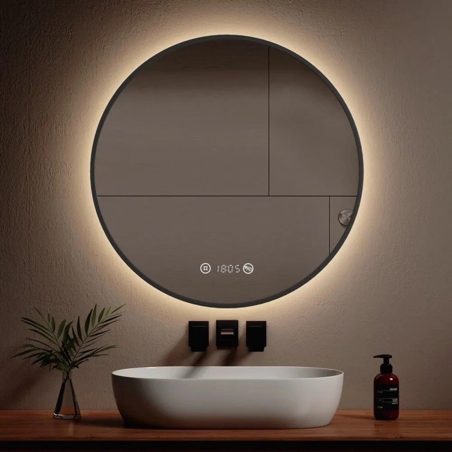 Emke Rund LED Badspiegel 80 cm Spiegel mit Beleuchtung Schwarzer Antibeschlage Uhr Temperatur Dimmbar Neutrales Licht_8