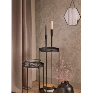 Wandspiegel-Set Minimalist Zen, 3-teilig, schwarz, mit sechseckigem Spiegel und Deko-Elementen.