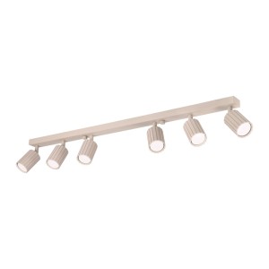 Beige Lamkur Deckenleuchte Prisma mit 6 Spots und geriffelten Lampenschirmen.