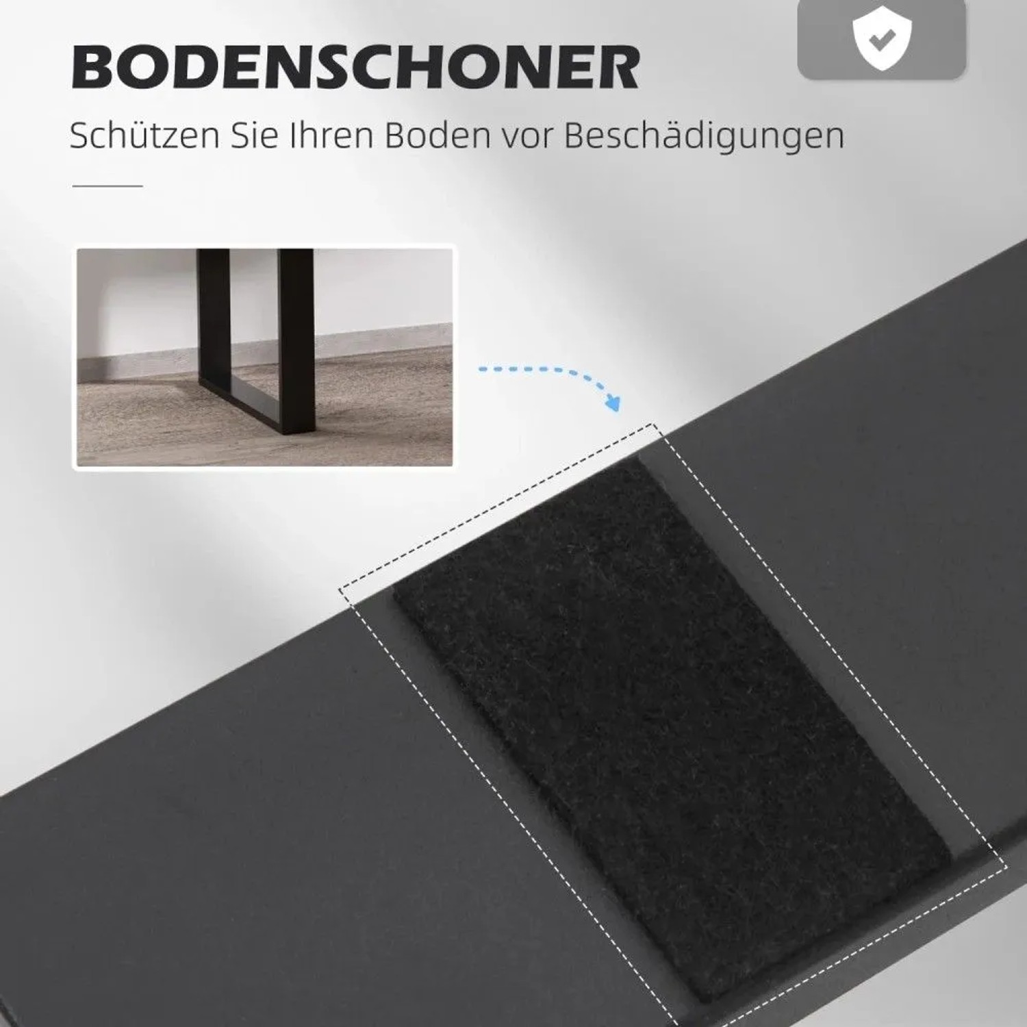 Schwarzes HOMCOM Tischbein mit Filzgleiter zum Bodenschutz. Robustes Möbelbein aus Stahl im Industriedesign.