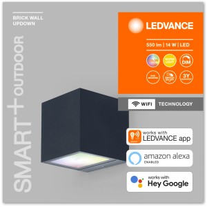Smarte Ledvance LED-Außenleuchte Brick Multicolor, dunkelgrau, mit RGB-Farbsteuerung.