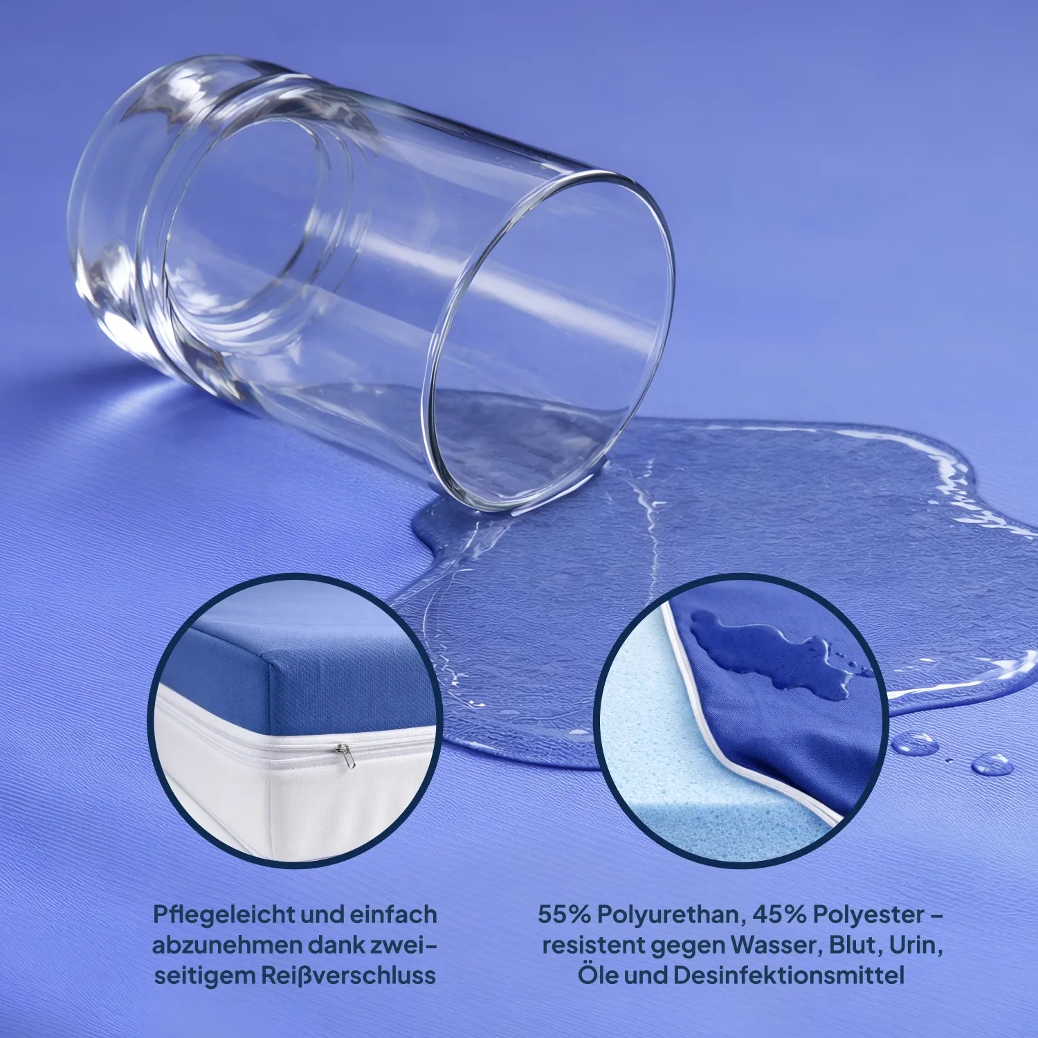 Wasserdichte Pflegematratze 90x200 cm mit abwaschbarem Bezug und Glas Wasser.
