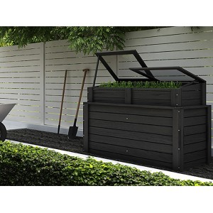 Anthrazitfarbener Frühbeet-Aufsatz (142x68 cm) für Hochbeete im Garten.