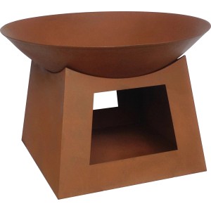 Feuerschale aus Stahl, 61,5 cm Durchmesser, mit Rostoptik und Brennholzfach.