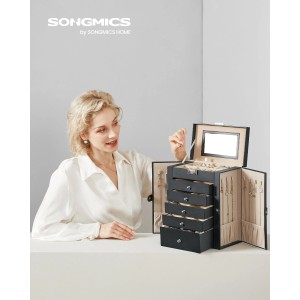 Songmics Schmuckkästchen Bridie, 6 Ebenen, schwarz-beige, mit Frau. Aufbewahrungsbox für Schmuck.