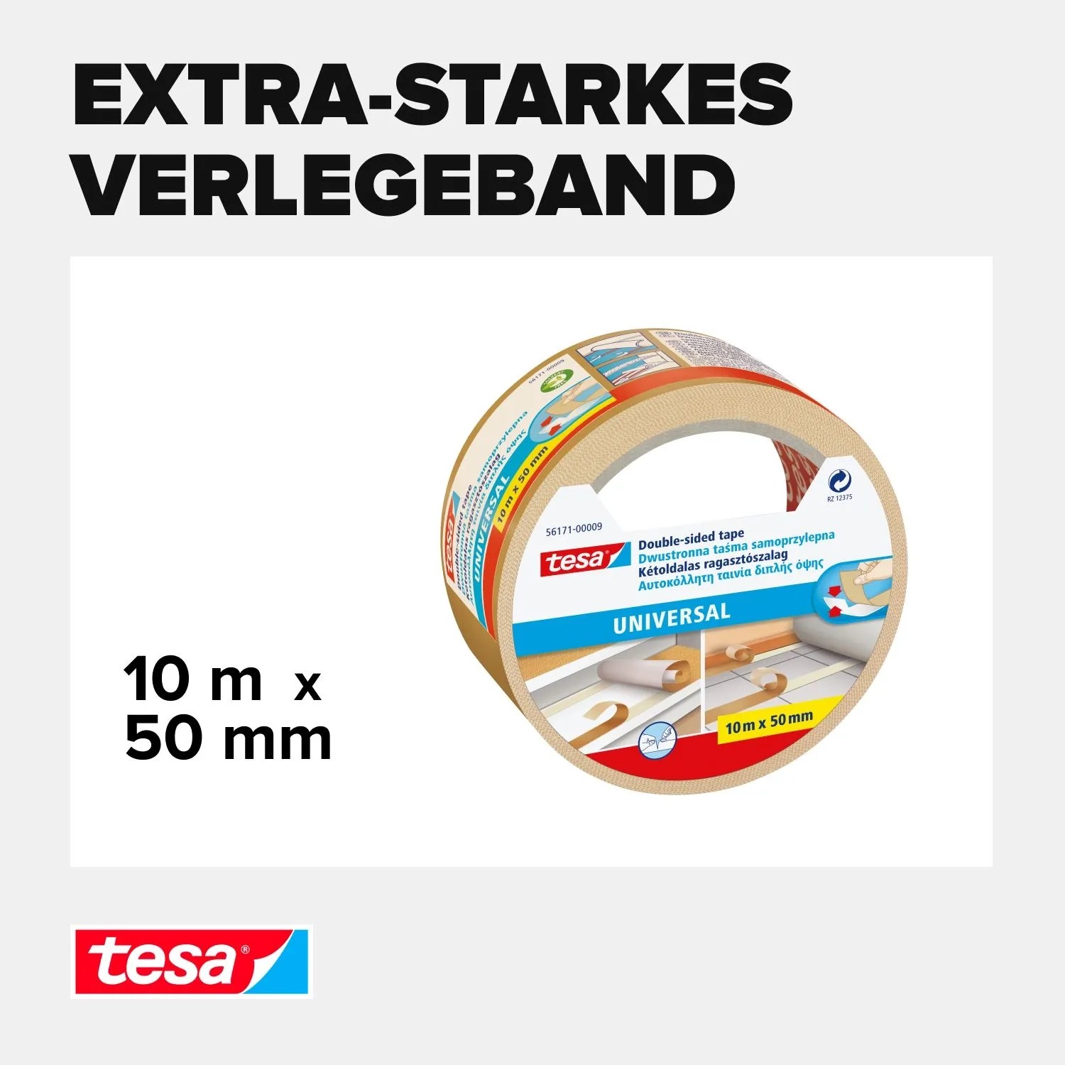tesa Universal Doppelseitiges Klebeband, 10 m x 50 mm, für sicheren Halt und Teppichverlegung.