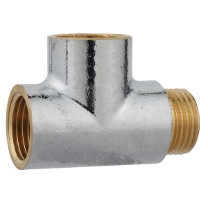 Verchromtes Kirchhoff T-Stück aus Messing, 18,7 mm IG und 21 mm AG, für Gewindefittings.